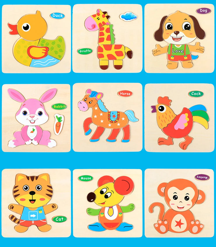 Baby Toys 3D Wooden Puzzle Jigsaw Toys for Children Cartoon Animal Puzzles Intelligence Kids Early Educational Brain Teaser Toys