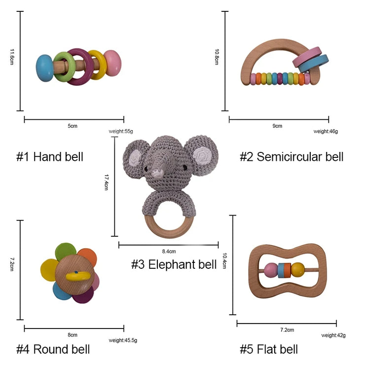 5pcs Baby Toys For 0-12 Months Newborns Wooden Toys DIY Crochet Rattle Educational Montessori Rattle Soother Bracelet Product