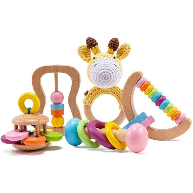 5pcs Baby Toys For 0-12 Months Newborns Wooden Toys DIY Crochet Rattle Educational Montessori Rattle Soother Bracelet Product