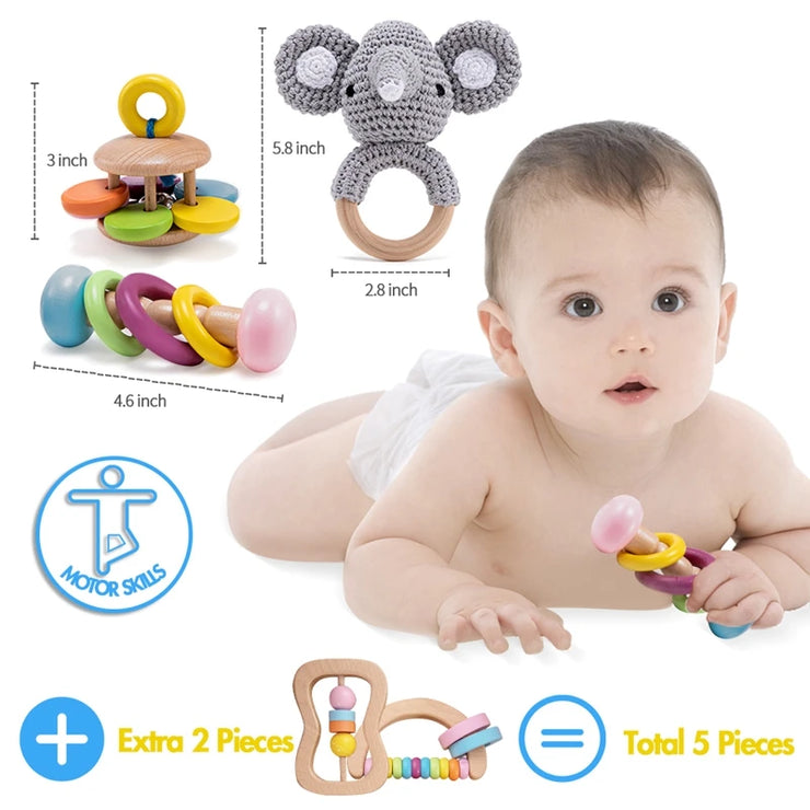 5pcs Baby Toys For 0-12 Months Newborns Wooden Toys DIY Crochet Rattle Educational Montessori Rattle Soother Bracelet Product