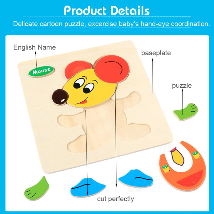 Baby Toys 3D Wooden Puzzle Jigsaw Toys for Children Cartoon Animal Puzzles Intelligence Kids Early Educational Brain Teaser Toys
