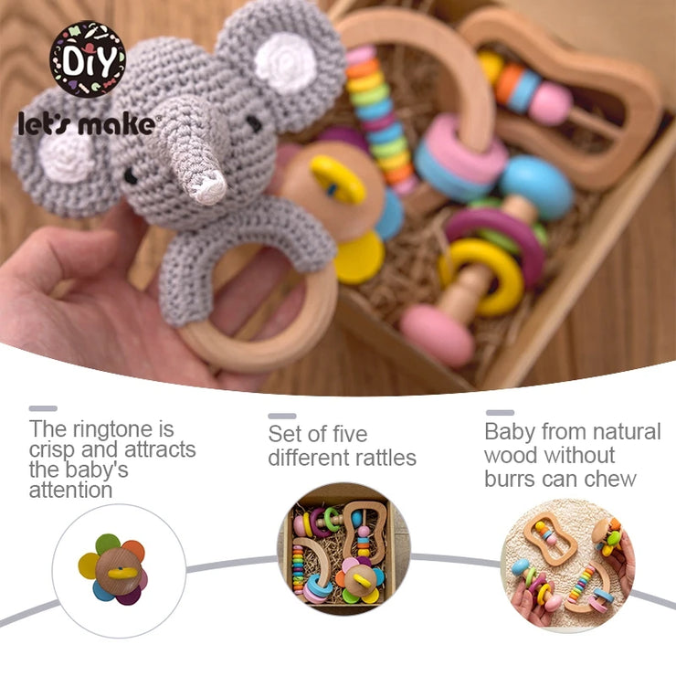 5pcs Baby Toys For 0-12 Months Newborns Wooden Toys DIY Crochet Rattle Educational Montessori Rattle Soother Bracelet Product