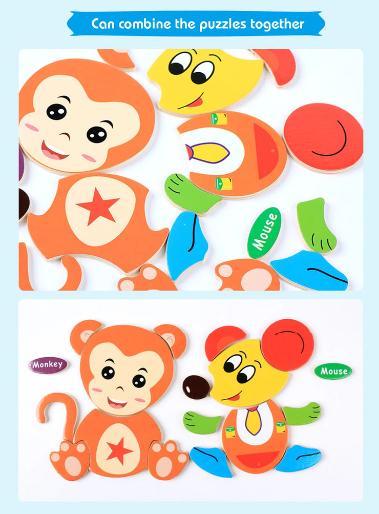 Baby Toys 3D Wooden Puzzle Jigsaw Toys for Children Cartoon Animal Puzzles Intelligence Kids Early Educational Brain Teaser Toys