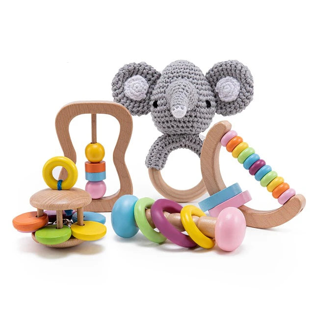 5pcs Baby Toys For 0-12 Months Newborns Wooden Toys DIY Crochet Rattle Educational Montessori Rattle Soother Bracelet Product
