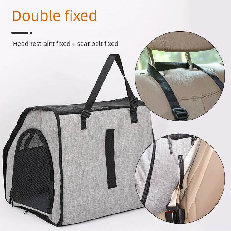 Portable Foldable Pet Car Carrier Double Fixed Three-Door Dogs and Cats Car Seat Car Mat Removable and Washable