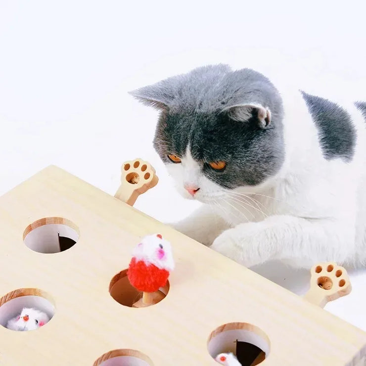 Funny Cat Hunt Puzzle Toy Wooden Maze Pet Hit Hamster Catch Bite Interactive Toys With 5-holed Mouse Holes Cats Toy Pet Supplies