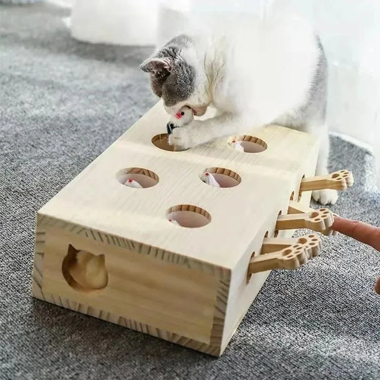 Funny Cat Hunt Puzzle Toy Wooden Maze Pet Hit Hamster Catch Bite Interactive Toys With 5-holed Mouse Holes Cats Toy Pet Supplies