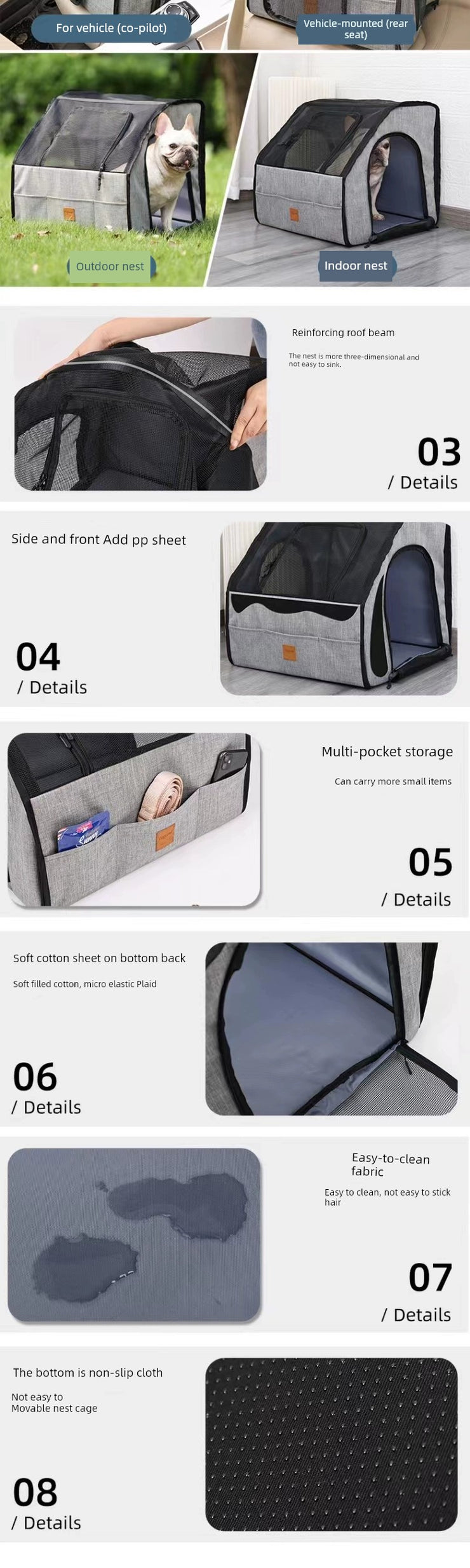 Portable Foldable Pet Car Carrier Double Fixed Three-Door Dogs and Cats Car Seat Car Mat Removable and Washable